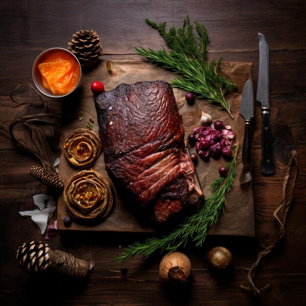 Photo photo from above sac with meat and firepine cone in table