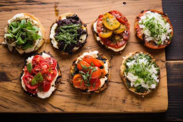 Photo photo from above of several goat cheese bruschettas on a wooden table