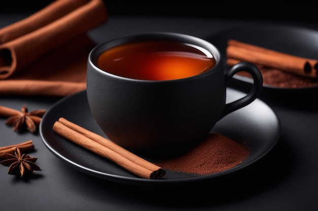 фото вид спереди чашка чая в черной чашке и тарелке на рождественском фоне