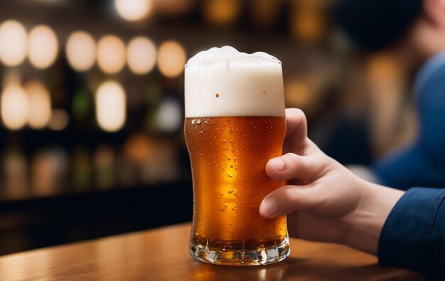 Photo front view hand holding beer in a glass mug