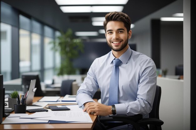 Photo front view of handsome businessman in suit working in office