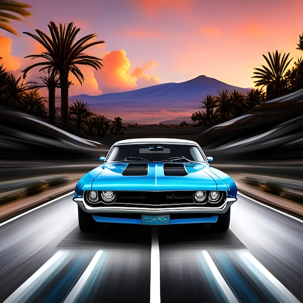 photo of a front view of light and dark blue muscle car Generative AI