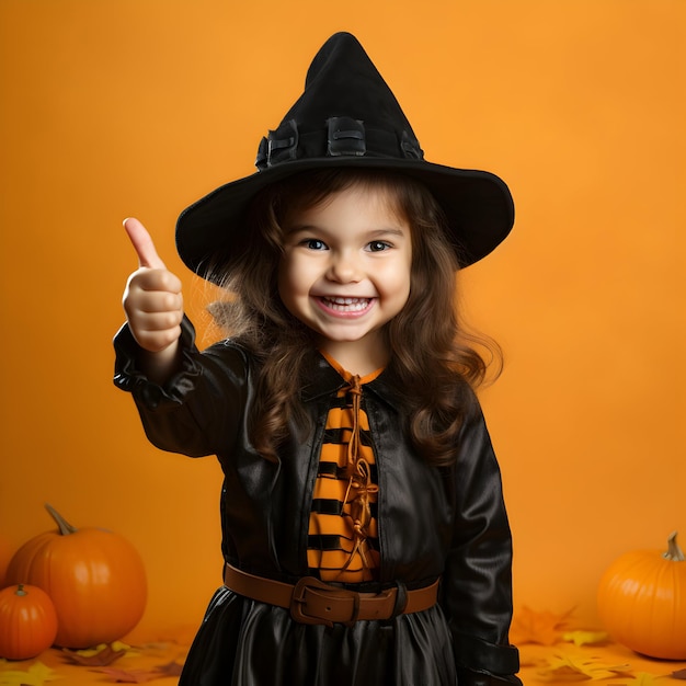 ハロウィーンの日を祝うための魔女の衣装を着た正面の少女の写真生成AI