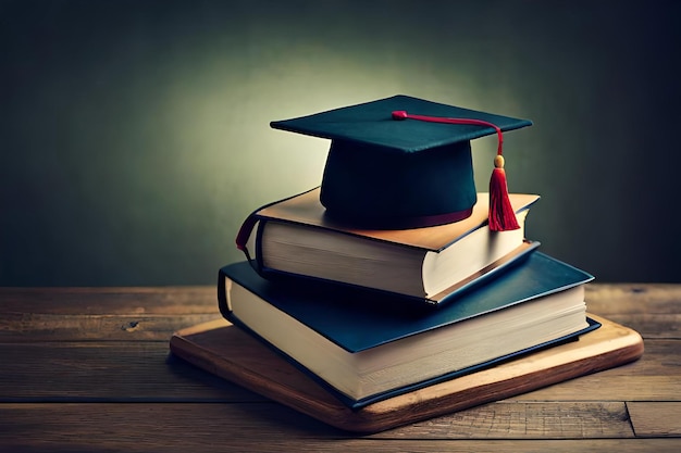 photo front view of stacked books a graduation cap and ladders for education day