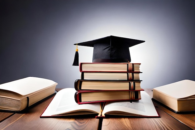 photo front view of stacked books a graduation cap and ladders for education day