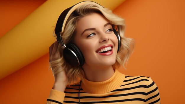 Фотография женщины в наушниках, слушающей музыку, созданная искусственным интеллектом, вид спереди спереди