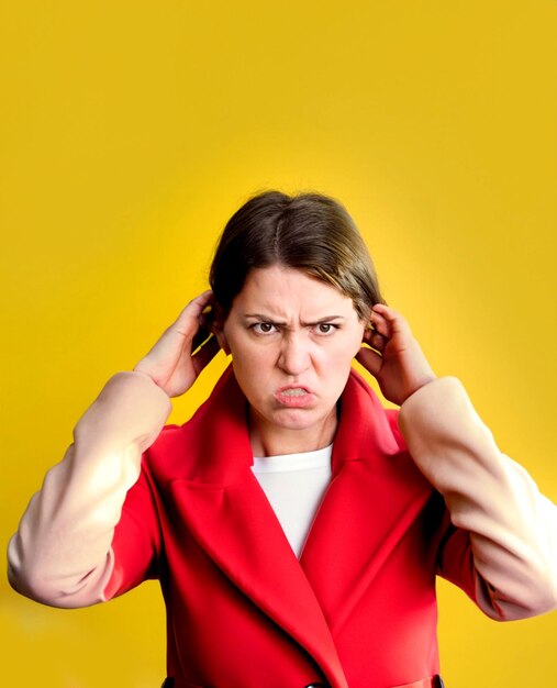 photo front view young female in red coat angry on yellow background