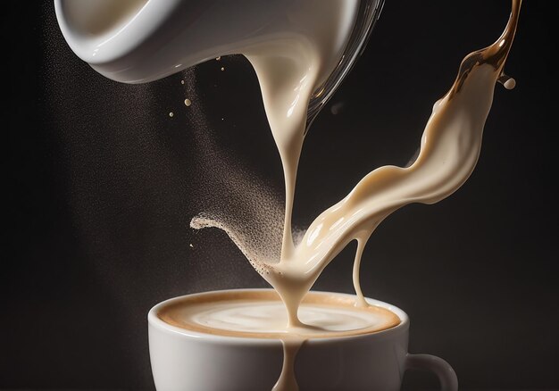 Photo of frothy milk poured into a cup of coffe