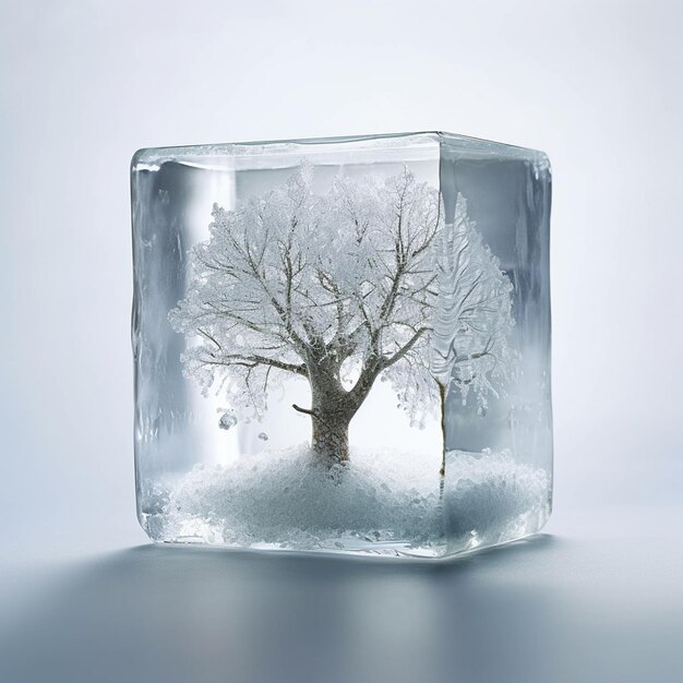 Photo a frozen ice cube with a tree in it that has the word AI generated