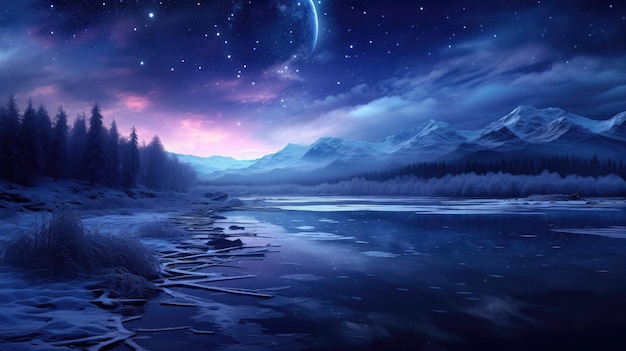 A photo of a frozen lake under midnight blue starry winter skies