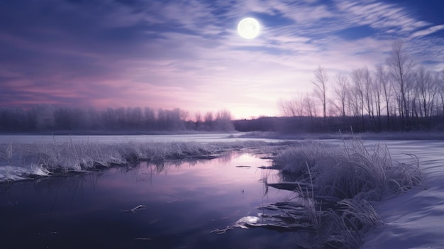 A photo of a frozen pond under midnight blue starry winter skies