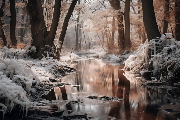 Foto di un ruscello ghiacciato circondato da alberi paesaggio invernale