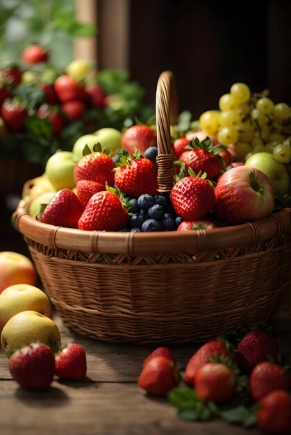 Foto photo frutta in un cestino con fragole e mele