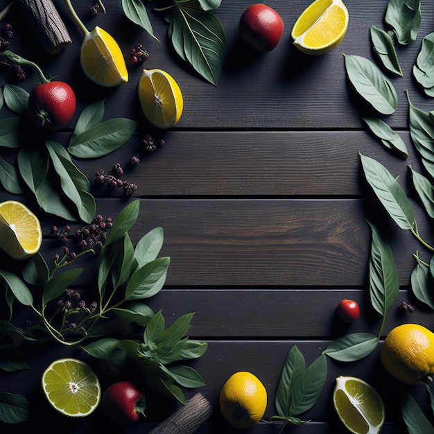 A photo of fruit and leaves on a table