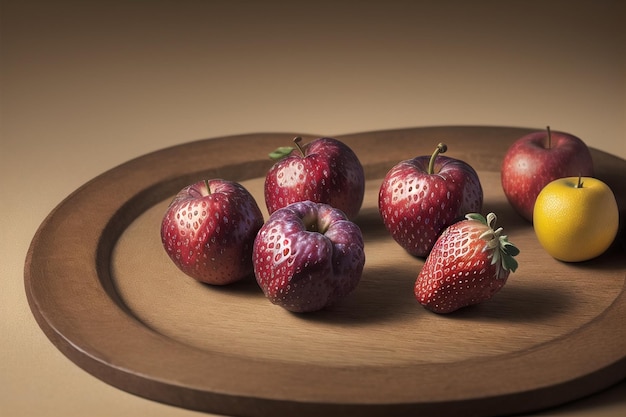 a photo of fruits on a plate and table with an oldfashioned feel