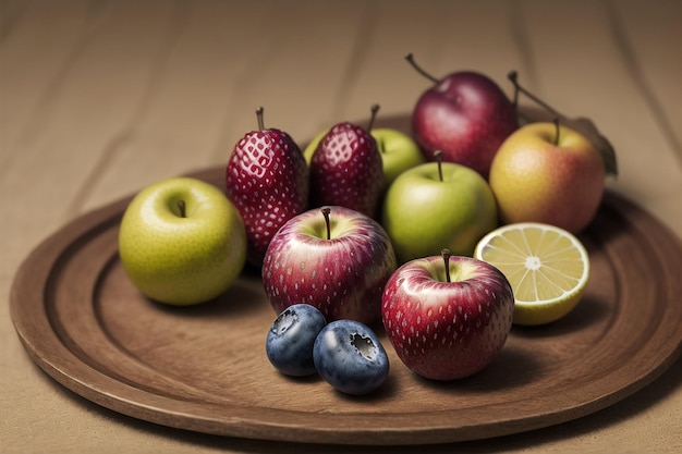 a photo of fruits on a plate and table with an oldfashioned feel