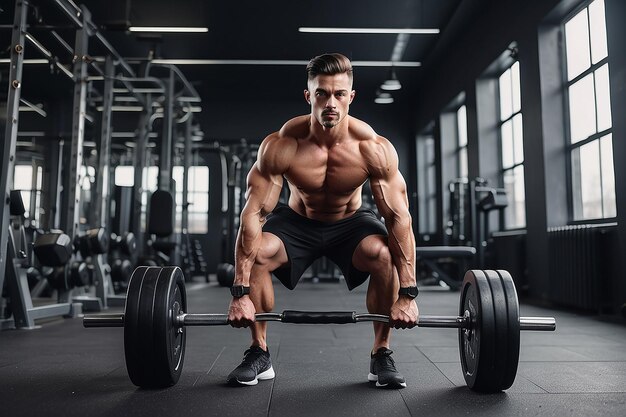 Photo full body portrait of athletic shirtless male doing biceps workouts with dumbbells in a gym club