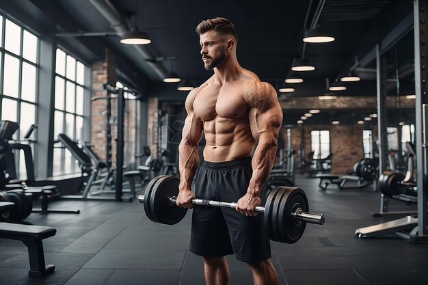 Photo full body portrait of athletic shirtless male doing biceps workouts with dumbbells in a gym club