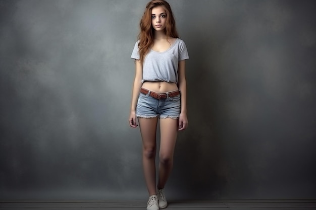 photo full length of young slim female girl in denim shorts on gray background