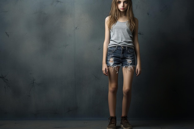 photo full length of young slim female girl in denim shorts on gray background