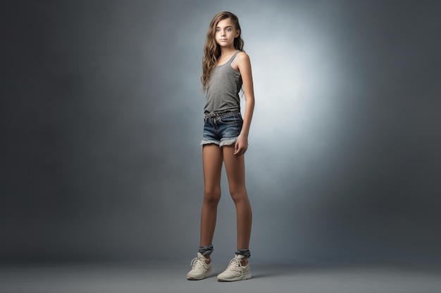 photo full length of young slim female girl in denim shorts on gray background