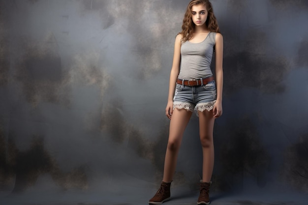 photo full length of young slim female girl in denim shorts on gray background