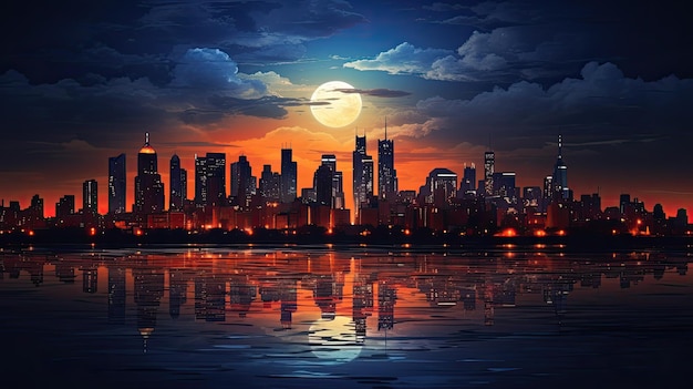 A photo of a full moon in the night sky silhouette of a city skyline