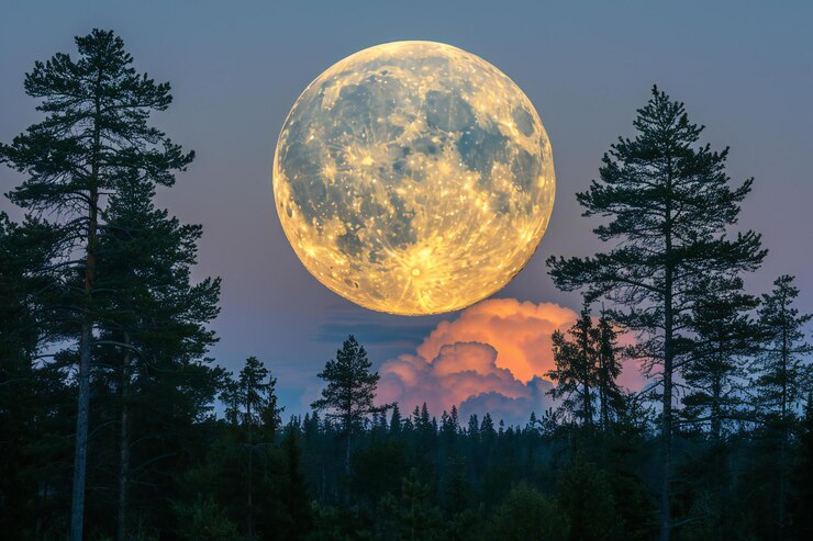 Photo a photo of the full moon setting behind pine trees dusk muted colors atmospheric clouds