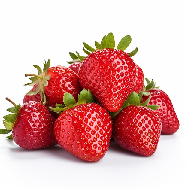 Photo of full of ripe strawberries baskets on wooden table with white background