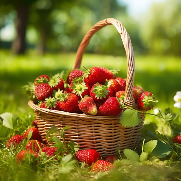 Photo of full of ripe strawberries baskets on wooden table with white background