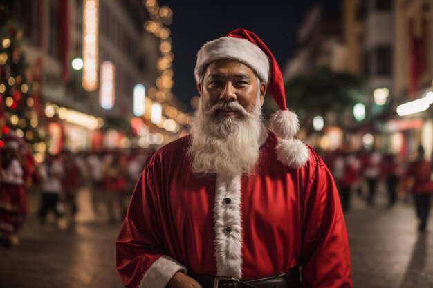 Photo of funky joyful man blogger wear santa claus costume demonstrate travel trip illuminated city