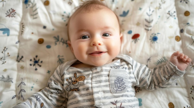 Foto foto di un bambino divertente che sorride e giace su una lenzuola bianca a casa