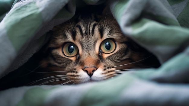 Photo of a funny cat curled up in blanket