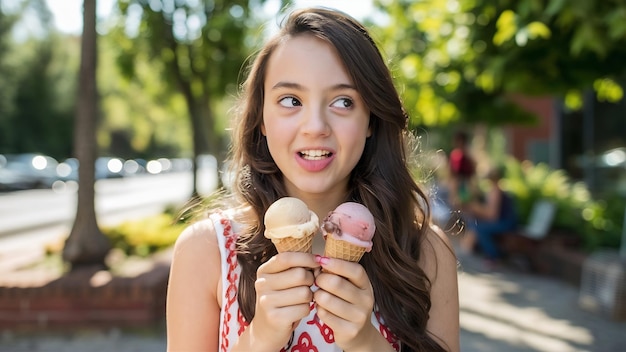 Photo of funny teenage girl keeps lips rounded and looks at appetizing ice cream enjoys summer tim