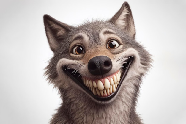 Photo of a funny wolf with a big smile and big teeth on a white background ai generative