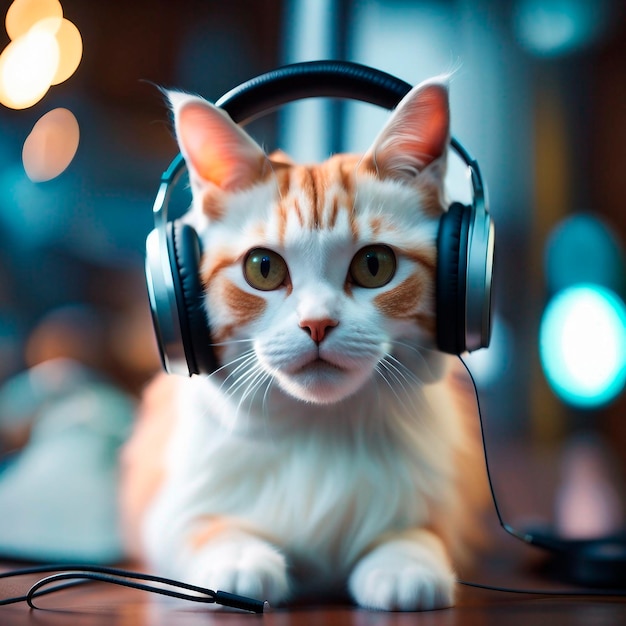 Photo of a furry cat wearing headphones