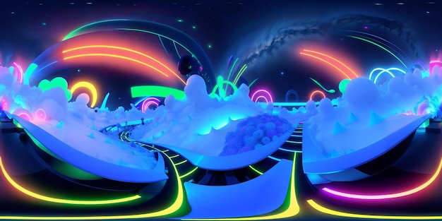 Photo of a futuristic artwork with neon lights and clouds