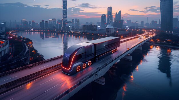 Photo photo of a futuristic autonomous semi truck crossing a river bridge