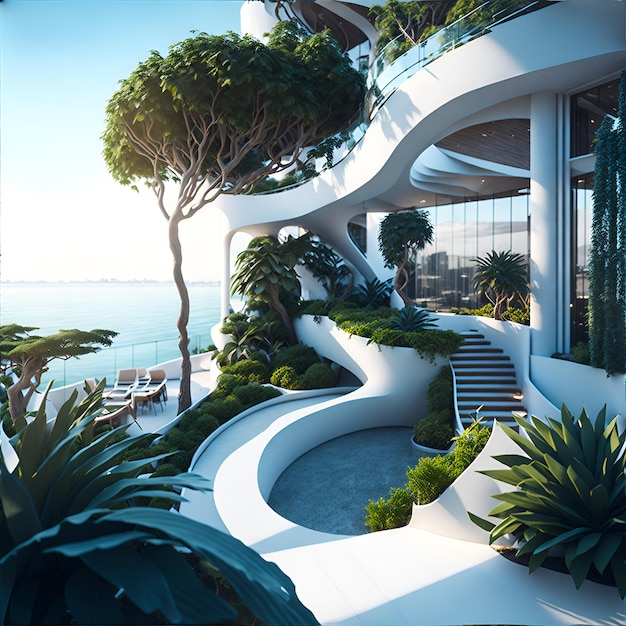 Photo of a futuristic building with a spiral staircase overlooking the ocean