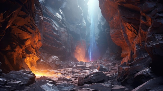 A photo of a futuristic canyon holographic rock formations