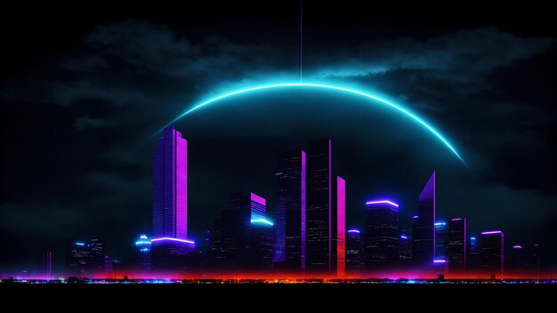 Photo of a futuristic city at night illuminated by neon lights