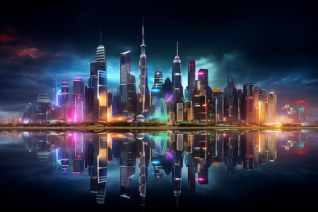 Photo of Futuristic city skyline with neon accents neon background