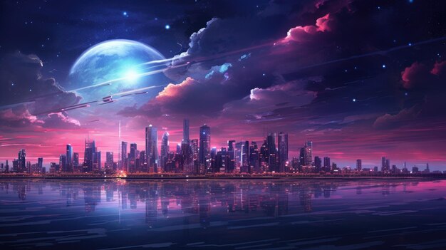 A photo of a futuristic city skyline with neon lights night sky