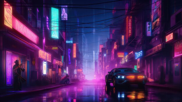 Photo a futuristic city street at night with neon lights cyberpunk car sci fi generative ai