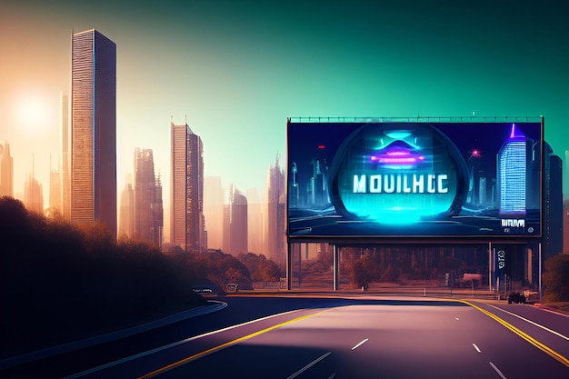 Photo futuristic city with billboards mockup Futuristic city in the style of cyberpunk