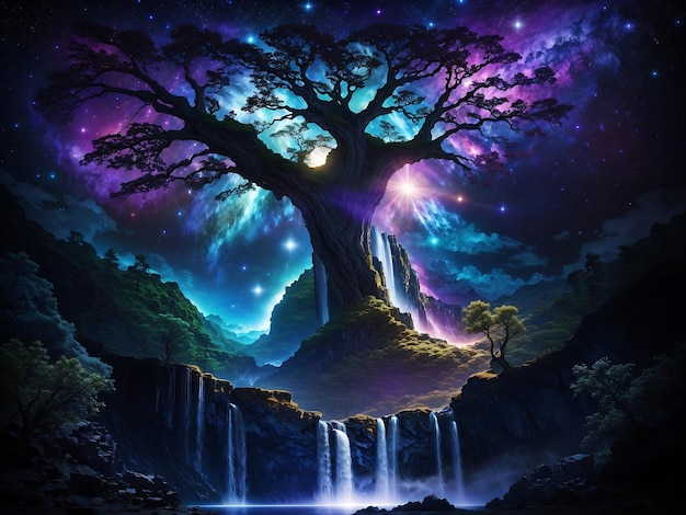 Photo futuristic fantasy night with magic tree