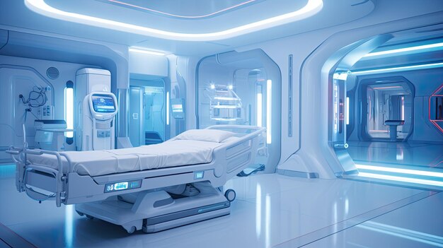 A photo of a futuristic hospital advanced medical equipment