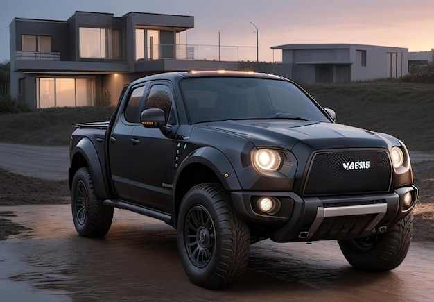 Photo of futuristic and modern pickup in landscape