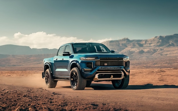 Photo of futuristic and modern pickup in landscape