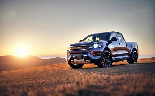 Photo of futuristic and modern pickup in landscape